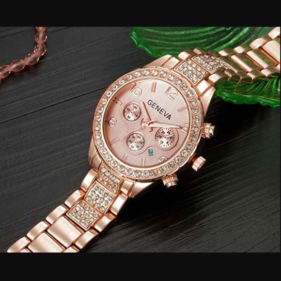 Rose Gld Floating Crystal Calendar Geneva SS Watch - Picture 5 of 8